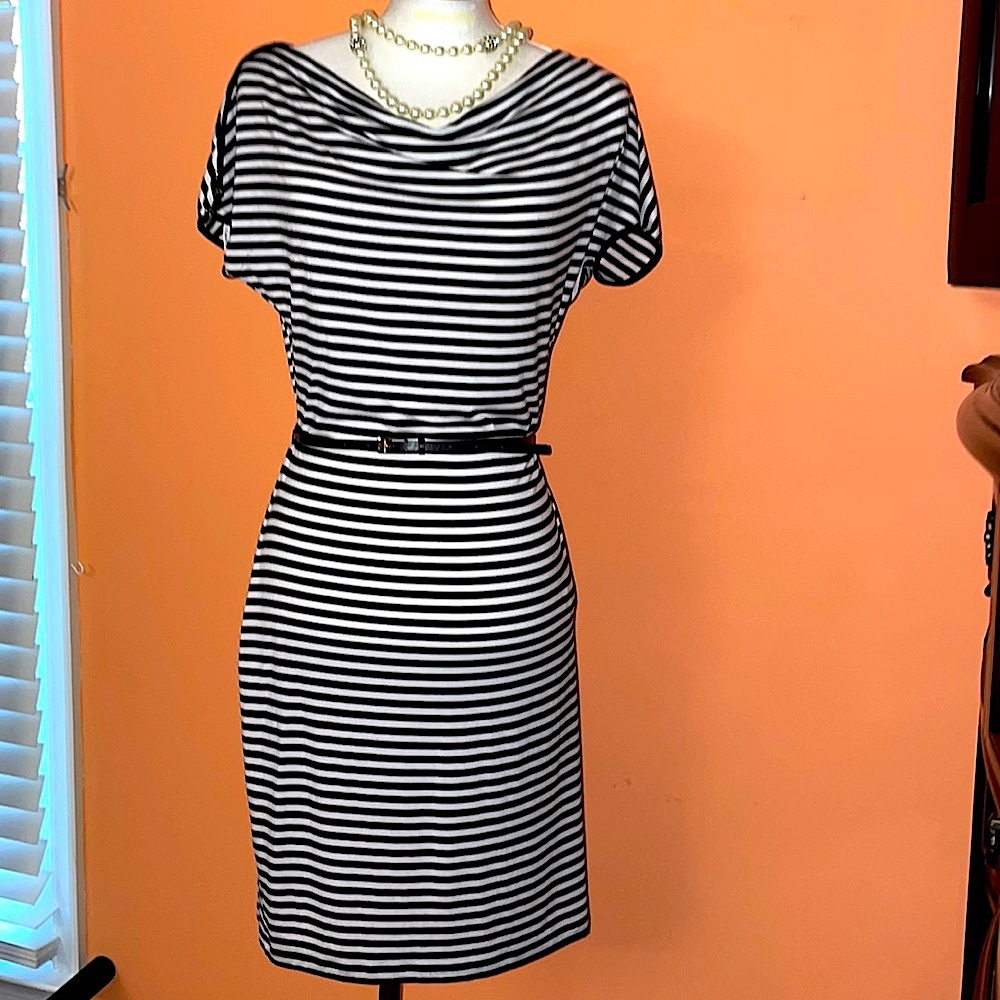 Calvin Klein Navy, White Striped Cowl Neck Dress. Sz: 6